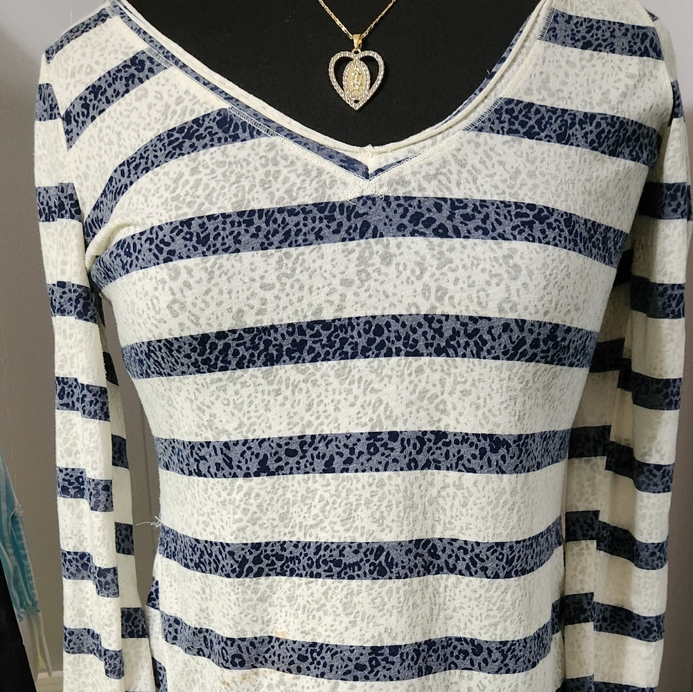 We The Free Free People Cream and Navy Blue Striped Long Sleeve Burnout Top. S